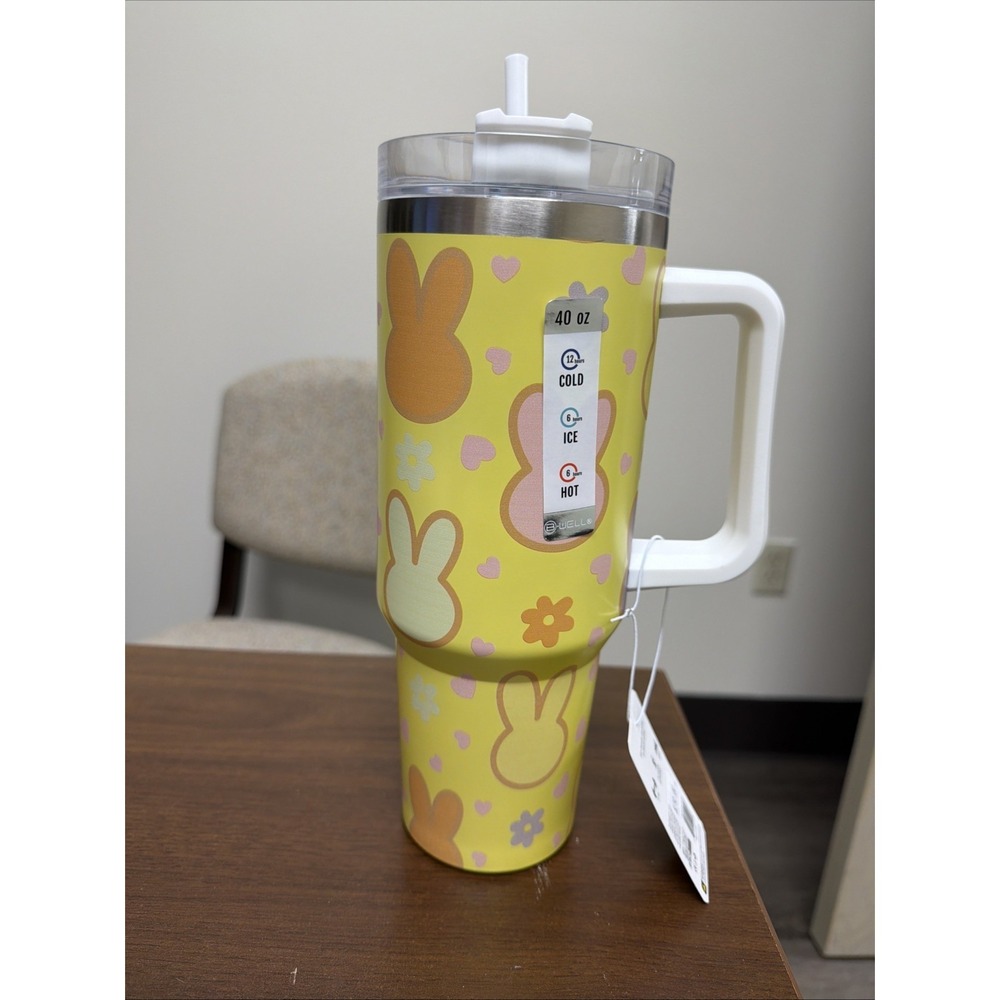 Easter Bunny Stainless Steel Tumbler w Handle & Straw Yellow Floral Spring Cup‎